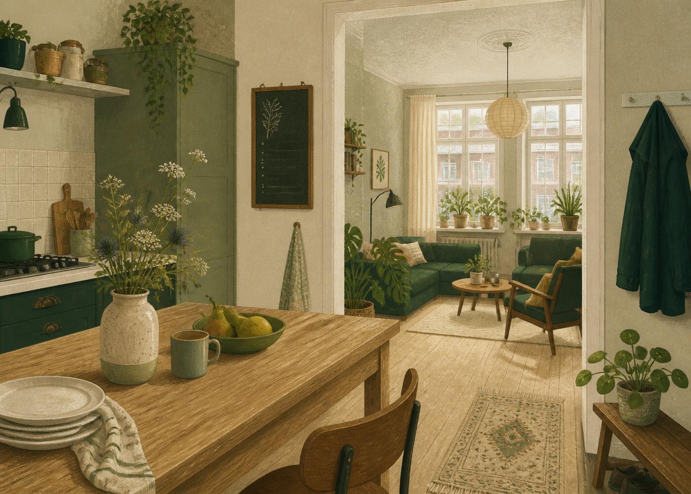 Warme keuken en woonkamer van een Nederlands huis in zachte groentinten